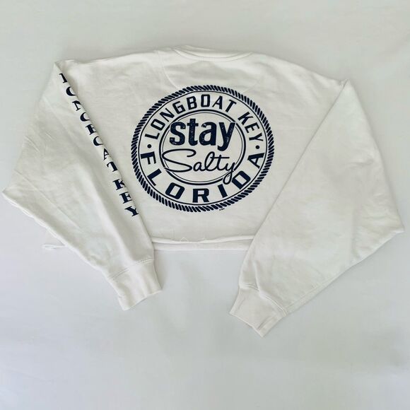 Longboat Key Florida Cropped Sweatshirt Stay Salty Women L White Raw Edge Lounge - Picture 2 of 8